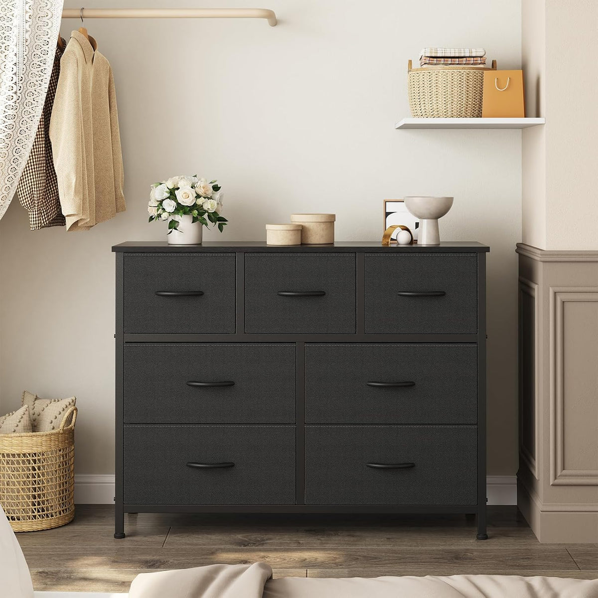 OLIXIS Black Dresser for Bedroom with 7 Fabric Drawers Storage Organizer