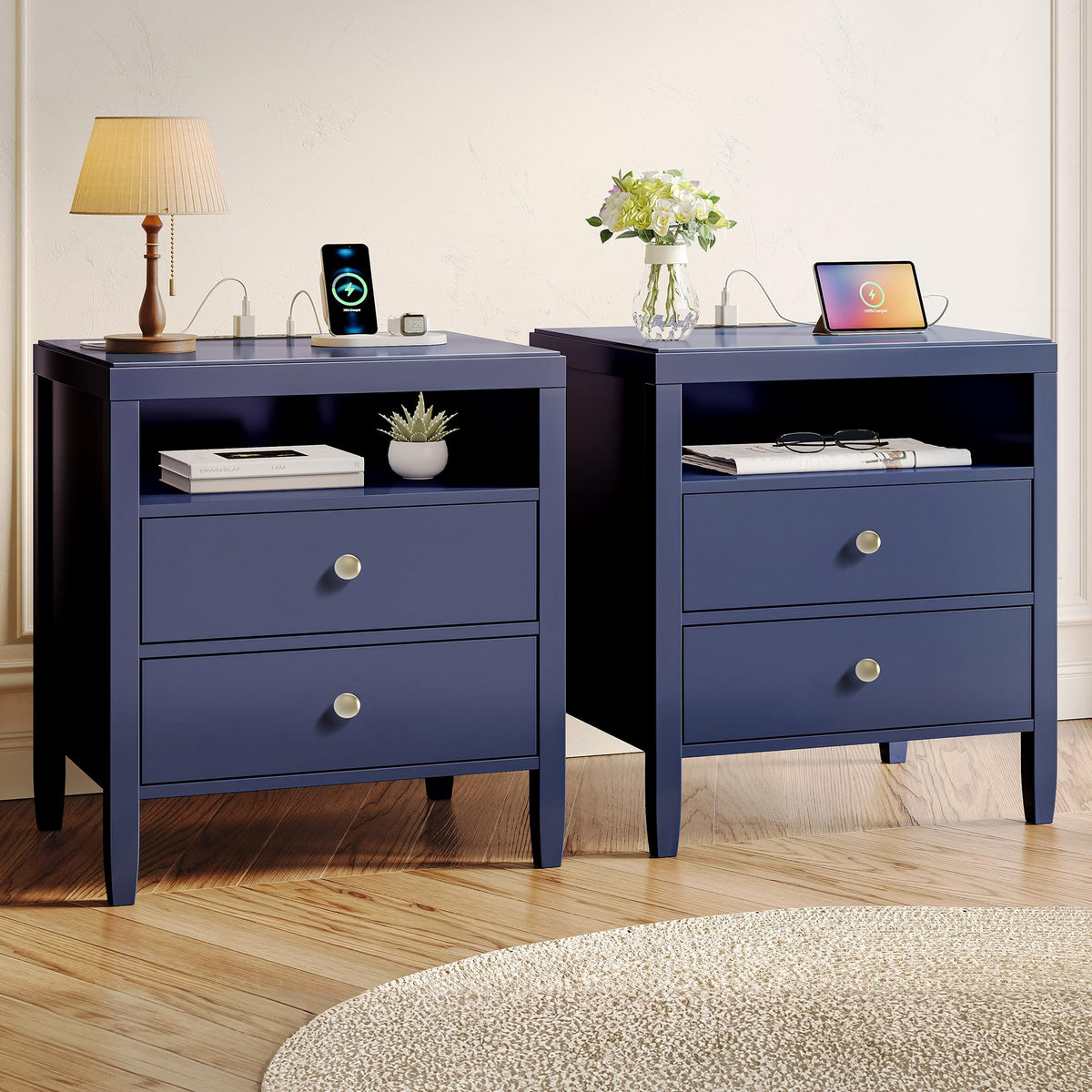 Huuger Black Nightstand Set of 2, Night Stand with Charger Station