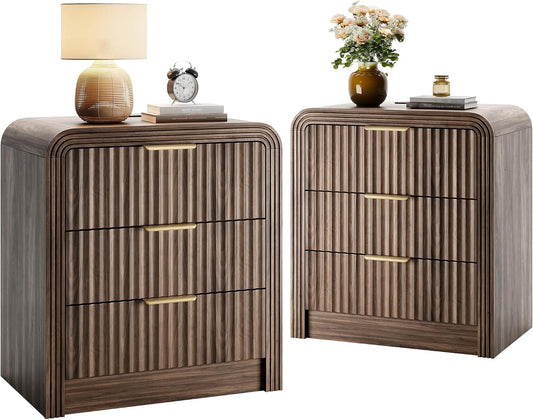 Decofy Fluted 3-Drawer Nightstand Set of 2 with Charging Station, Walnut
