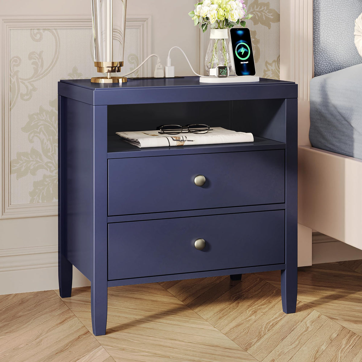 Huuger Black Nightstand Set of 2, Night Stand with Charger Station