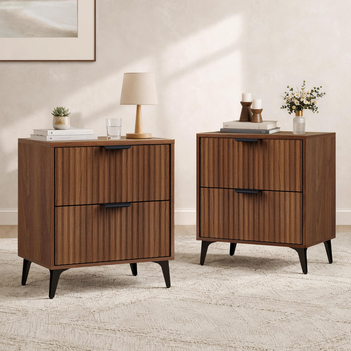 Wood Nightstand Set of 2, Fluted Bedside Tables with 2 Drawers