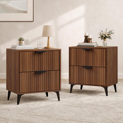 Wood Nightstand Set of 2, Fluted Bedside Tables with 2 Drawers