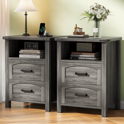 Decofy Farmhouse Nightstand Set of 2 with Charging Station, 2 Drawers