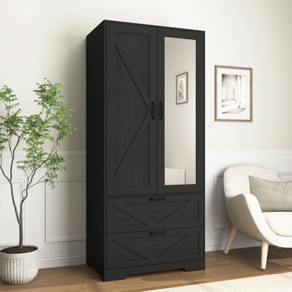 72'' Armoire Wardrobe Closet with Mirror Door & Light, Farmhouse Bedroom Clothes Cabinet with 4 Doorrs + Hanging Rod + 2 Drawers, Wooden Wardrobe Cabinet with Adjustable Shelf for Bedroom