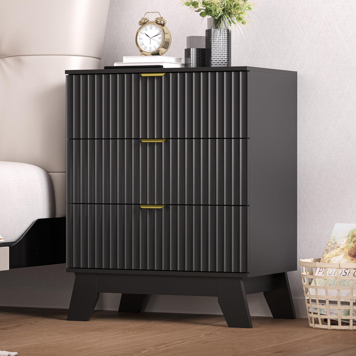Black Nightstand Set of 2,24" Wide End Table with 3 Large Drawers & Metal Handles,Rustic Farmhouse Wood Small Dresser,Bedside Table,Modern Chest of Drawers for Bedroom,Living Room