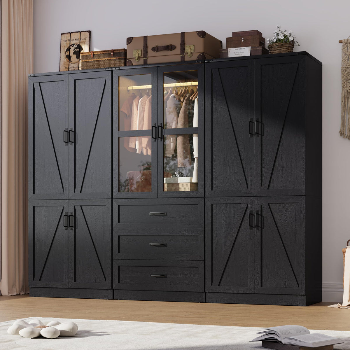 75" Tall Farmhouse 2 Doors Armoire Wardrobe Closet with 3 Drawers and LED,Freestanding Closet Wardrobe Cabinet for Bedroom with Hanging Rod,Wooden Armoire Storage Cabinet with Adjustable shelve(Black)