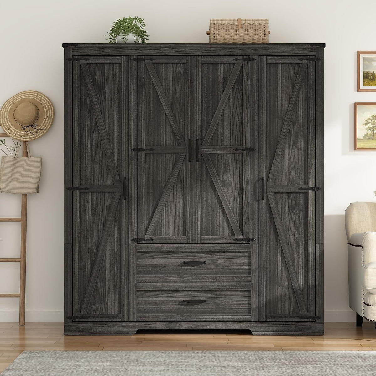St.Mandyu Farmhouse Wardrobe Armoire Closet with 4 Doors and 2 Drawers, 70.1" Wooden Clothing Storage Cabinet, Freestanding Large Capacity Storage Wardrobe Armoire with Hanging Rod for Bedroom, Grey