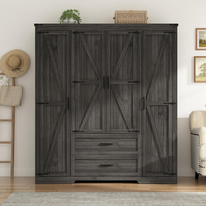 St.Mandyu Farmhouse Wardrobe Armoire Closet with 4 Doors and 2 Drawers, 70.1" Wooden Clothing Storage Cabinet, Freestanding Large Capacity Storage Wardrobe Armoire with Hanging Rod for Bedroom, Grey