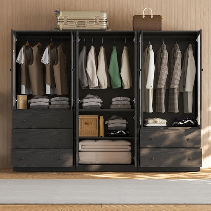 VOWNER 20“D Armoire Wardrobe Closet with Fluted Glass, 71" H Clothing Storage Cabinet with Hanging Rod, 4 Soft-Close Doors Wooden Wardrobe Cabinet for Bedroom, Large Capacity Storage Black(CCB)