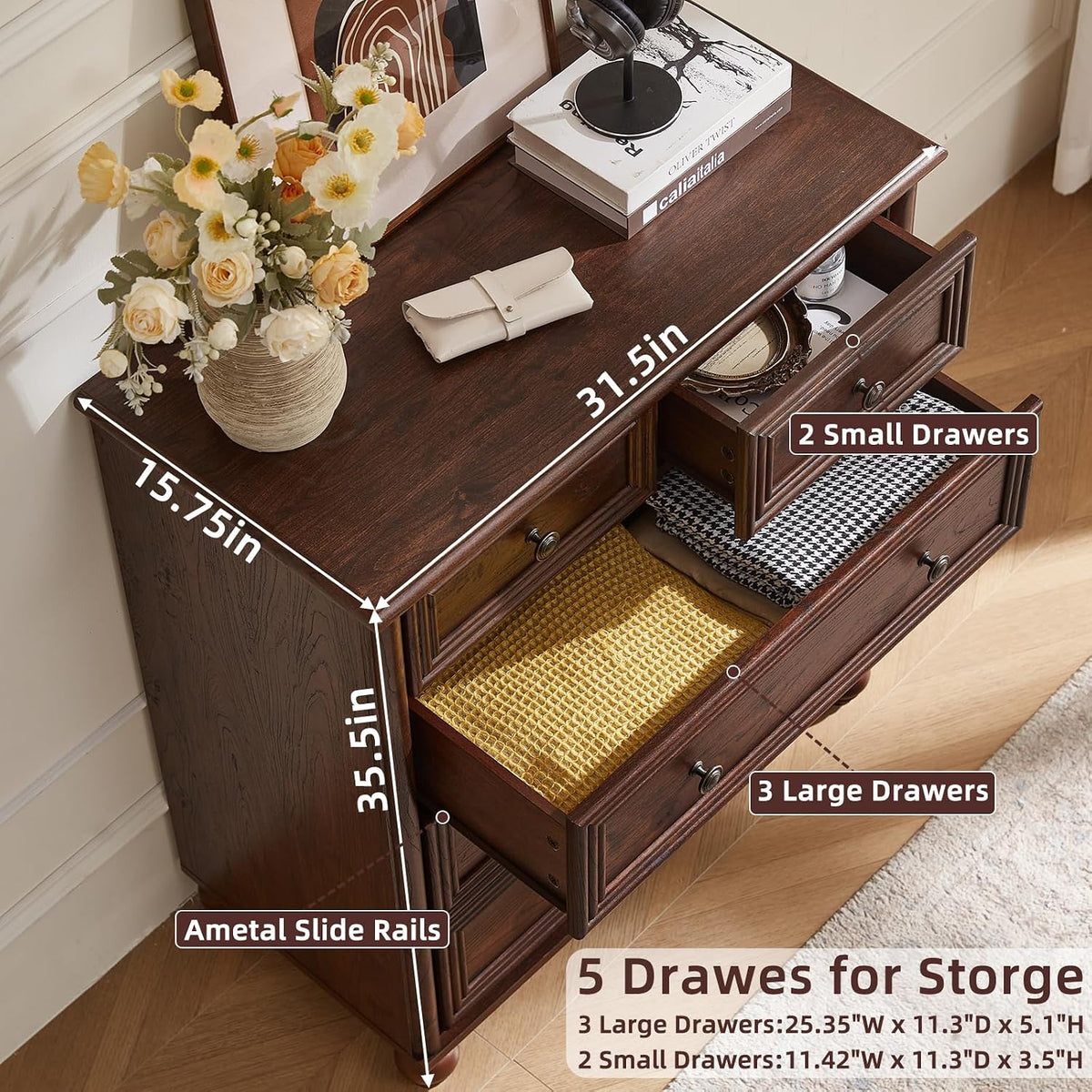 RWYHG Farmhouse 5 Drawer Dresser for Bedroom, 35.5" Small Dressers