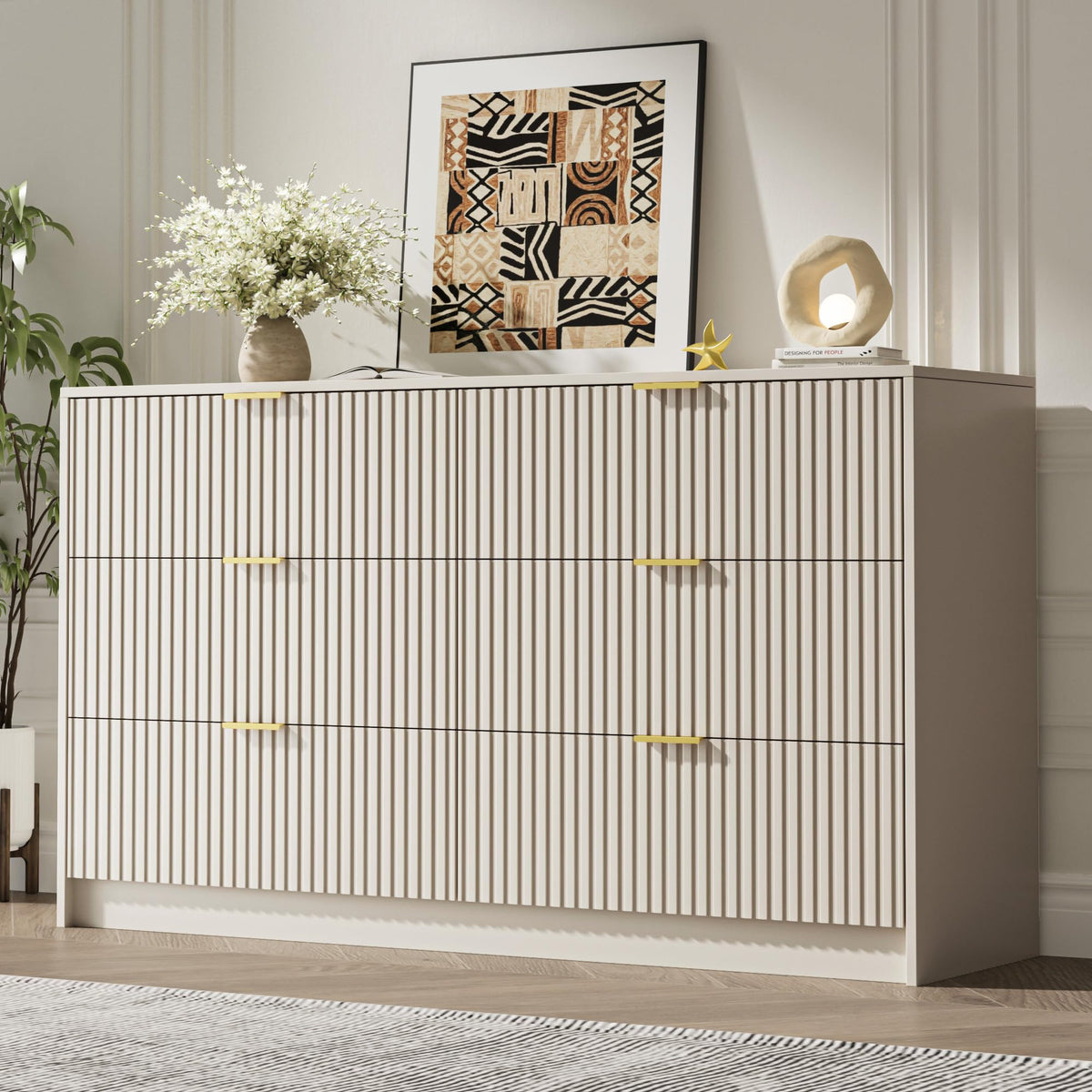MAISONARIA 55" Wide Fluted 6-Drawer Double Dresser for Bedroom, Black