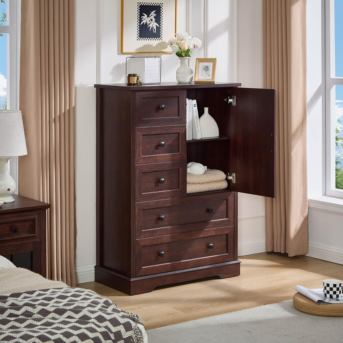 SOOWERY Farmhouse Dresser for Bedroom, Tall Chest of Drawers, Dark Cherry