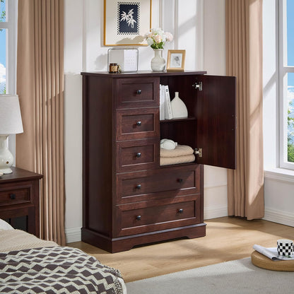 SOOWERY Farmhouse Dresser for Bedroom, Tall Chest of Drawers, Dark Cherry