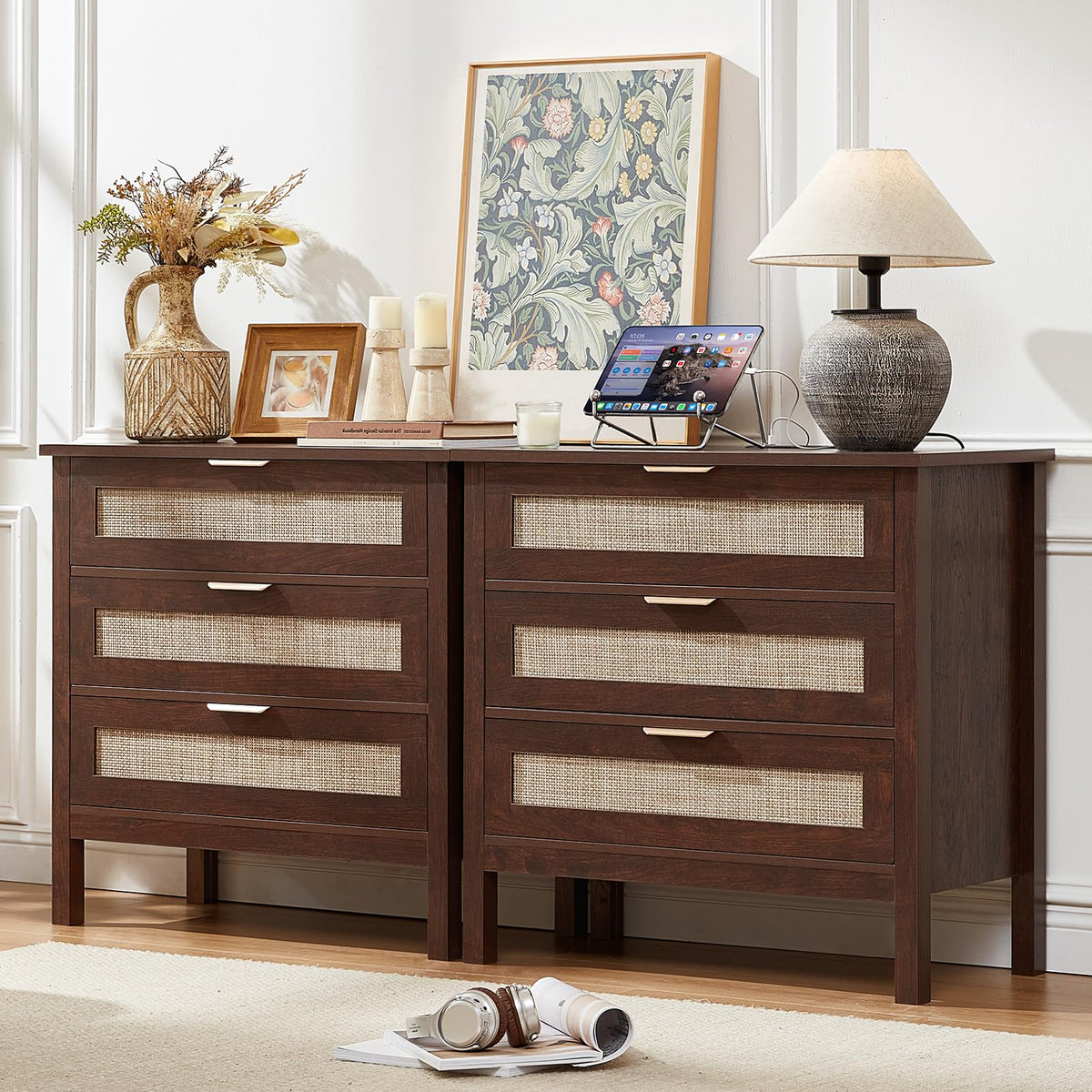 LEYAOYAO 26.8" Wide Rattan Nightstand, Large Boho 3 Drawer Night Stand