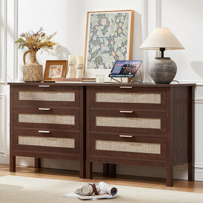 LEYAOYAO 26.8" Wide Rattan Nightstand, Large Boho 3 Drawer Night Stand