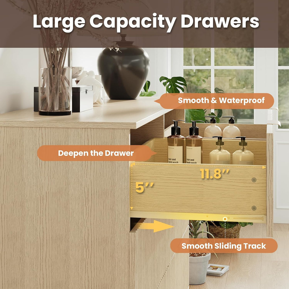 MALOL Modern Fluted 6 Drawer Dresser, Wide Wooden Storage Cabinet with Metal Handles, Silent Glide Drawers, Anti-Tip Chest for Bedroom, Living Room, Natural Wood, 47 Inch