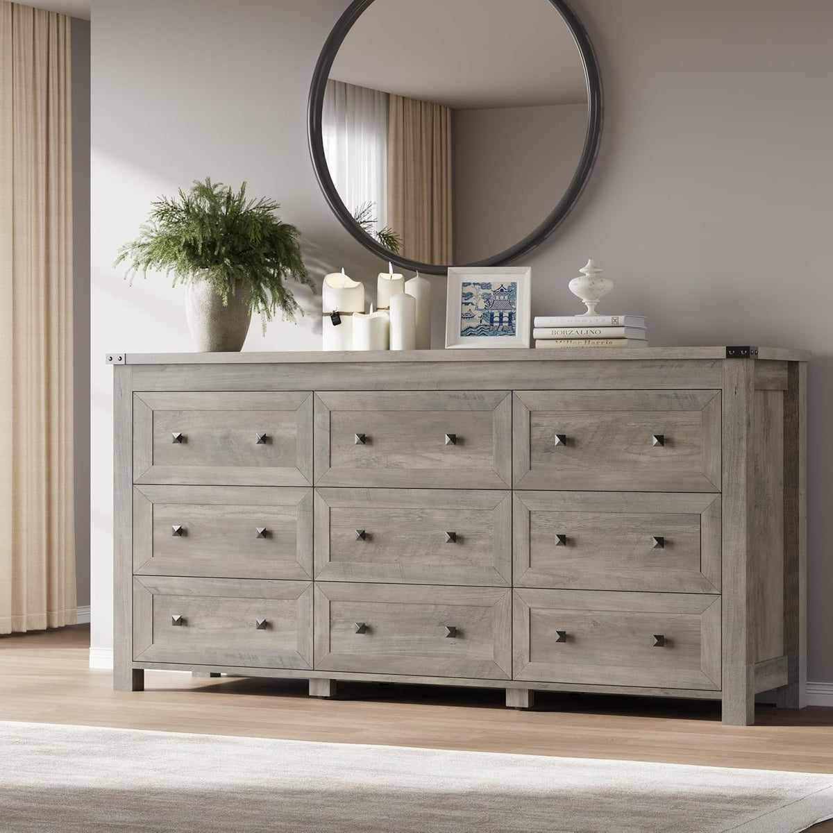 BORNOON 9-Drawer Dresser, Modern Wooden Storage Chest of Drawers, Dresser TV Stand, Wood Drawer Organizer with Metal Handles for Bedroom, Living Room, Hallway