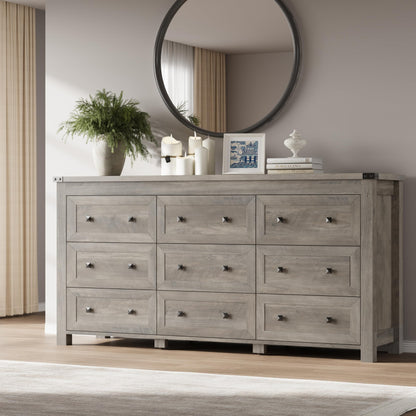 BORNOON 9-Drawer Dresser, Modern Wooden Storage Chest of Drawers, Dresser TV Stand, Wood Drawer Organizer with Metal Handles for Bedroom, Living Room, Hallway