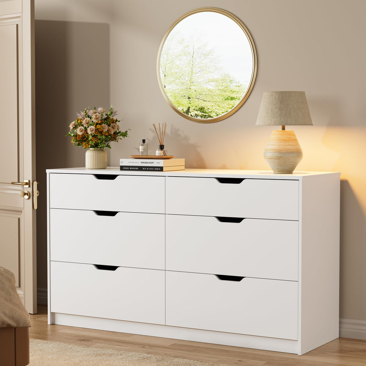 YESHOMY Dresser for Bedroom, 47.2" Modern Wood Chest with 6 Drawers, White