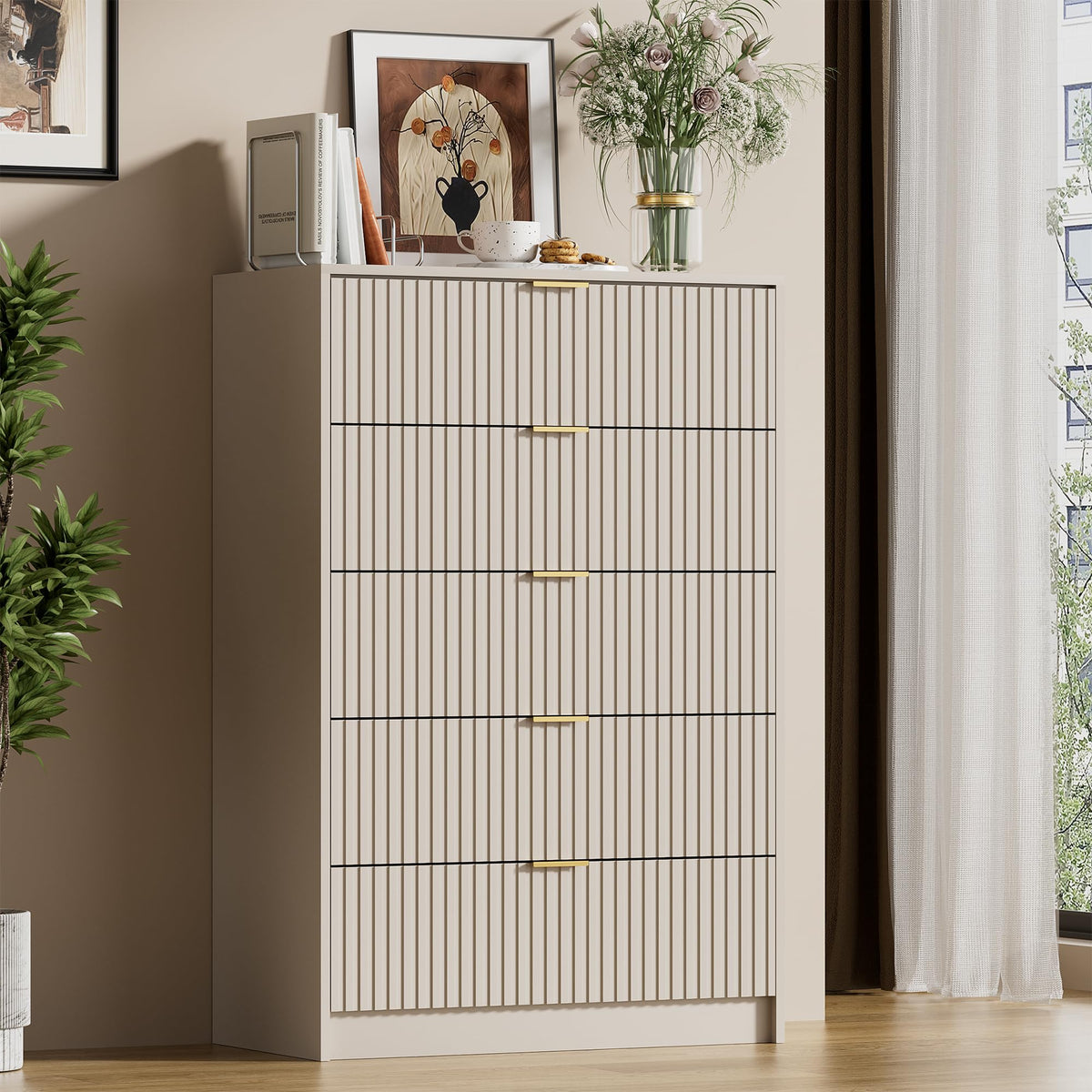 Furniway 55" Wide Green Dresser for Bedroom, Fluted 8 Drawer Dresser