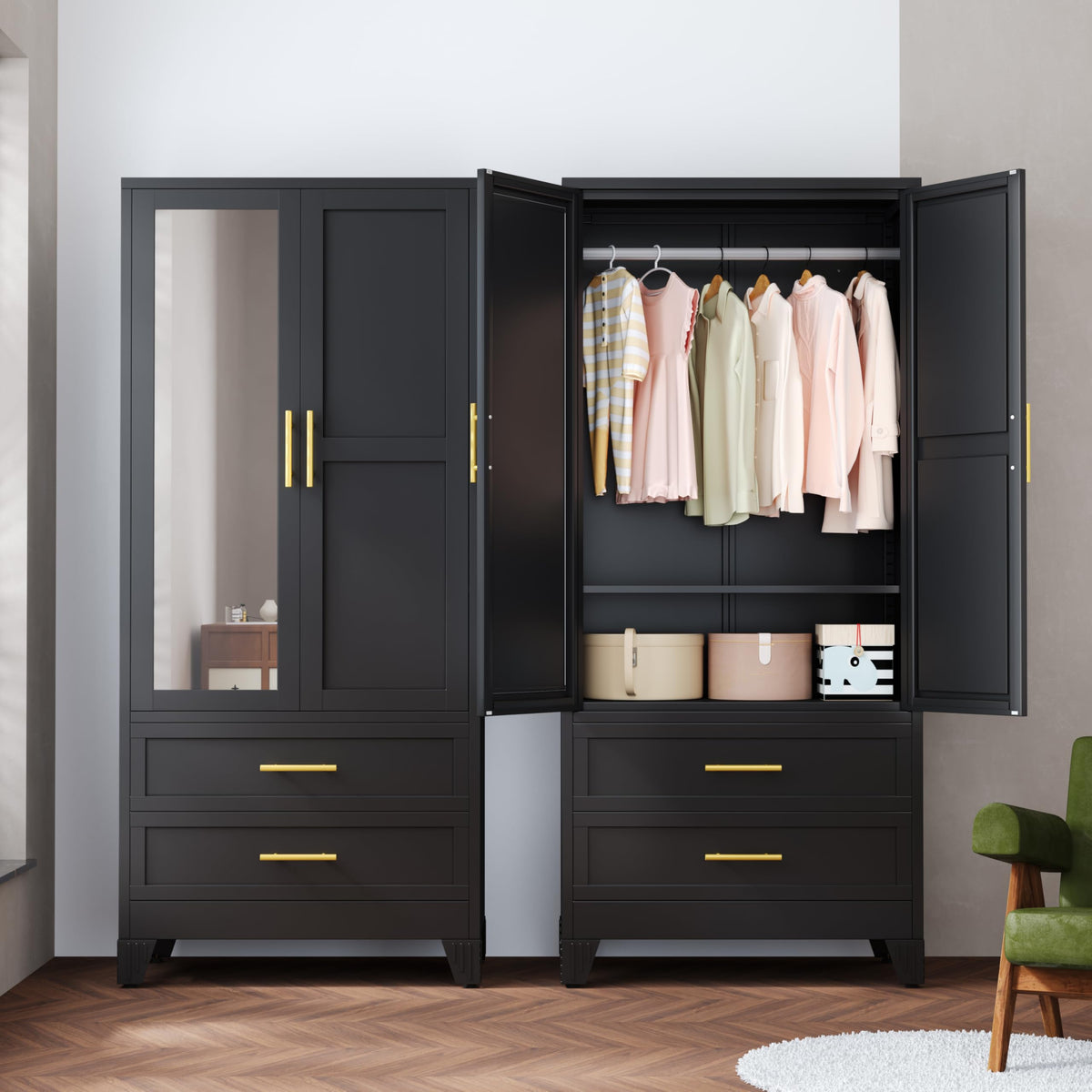Ckzbx 71" H Metal Armoire Wardrobe Closet, Adjustable Shelve, Clothes Drying Pole, Steel Wardrobe Cabinet for Bedroom (Green)