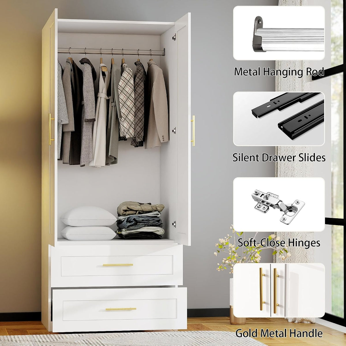 White Wardrobe Closet with 4 Drawers and 4 Doors, 75" H x 63" W