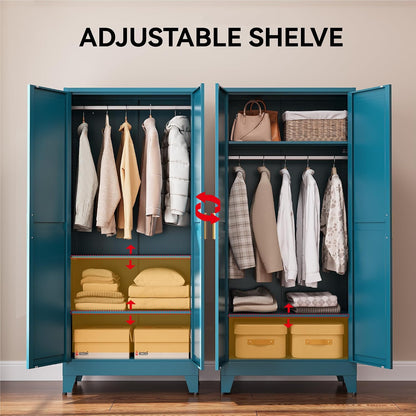 COFaR Armoire Wardrobe Closet, 71" Convertible 2-in-1 Metal Cabinet with Adjustable Rod & Shelves, Freestanding Hanging & Storage Organizer (Peacock Blue)