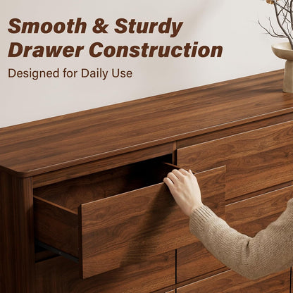 Furniway 63" Wide 9 Drawer Wood Dresser for Bedroom with Legs, Walnut