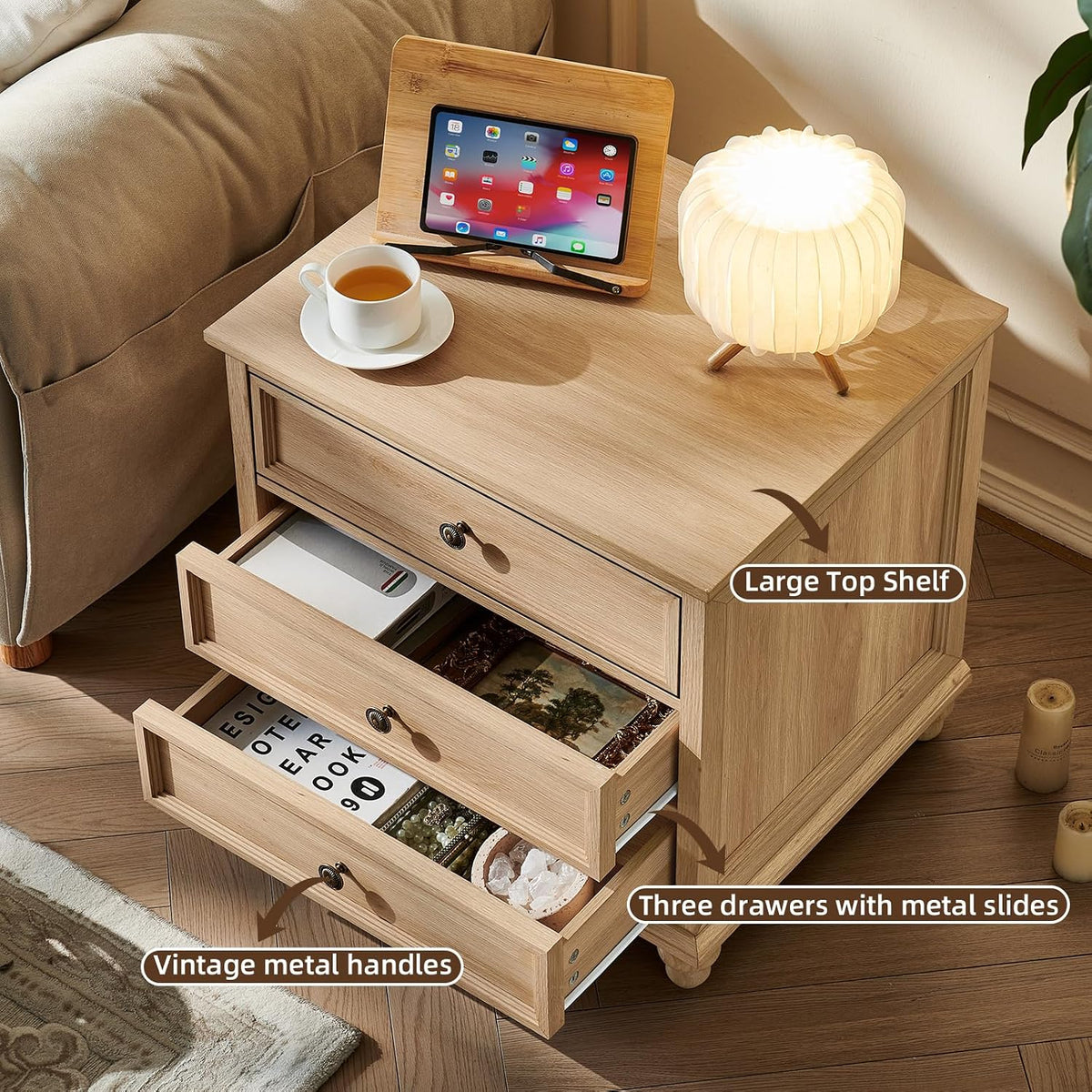 Joaxswe 24" Wide Farmhouse Night Stand Set of 2,Large End Table with 3 Drawers & Metal Handle,Wood Dresser for Bedroom,Bed Side Table Chest of Drawers Cabinet,Natural Nightstand for Living Room,Closet