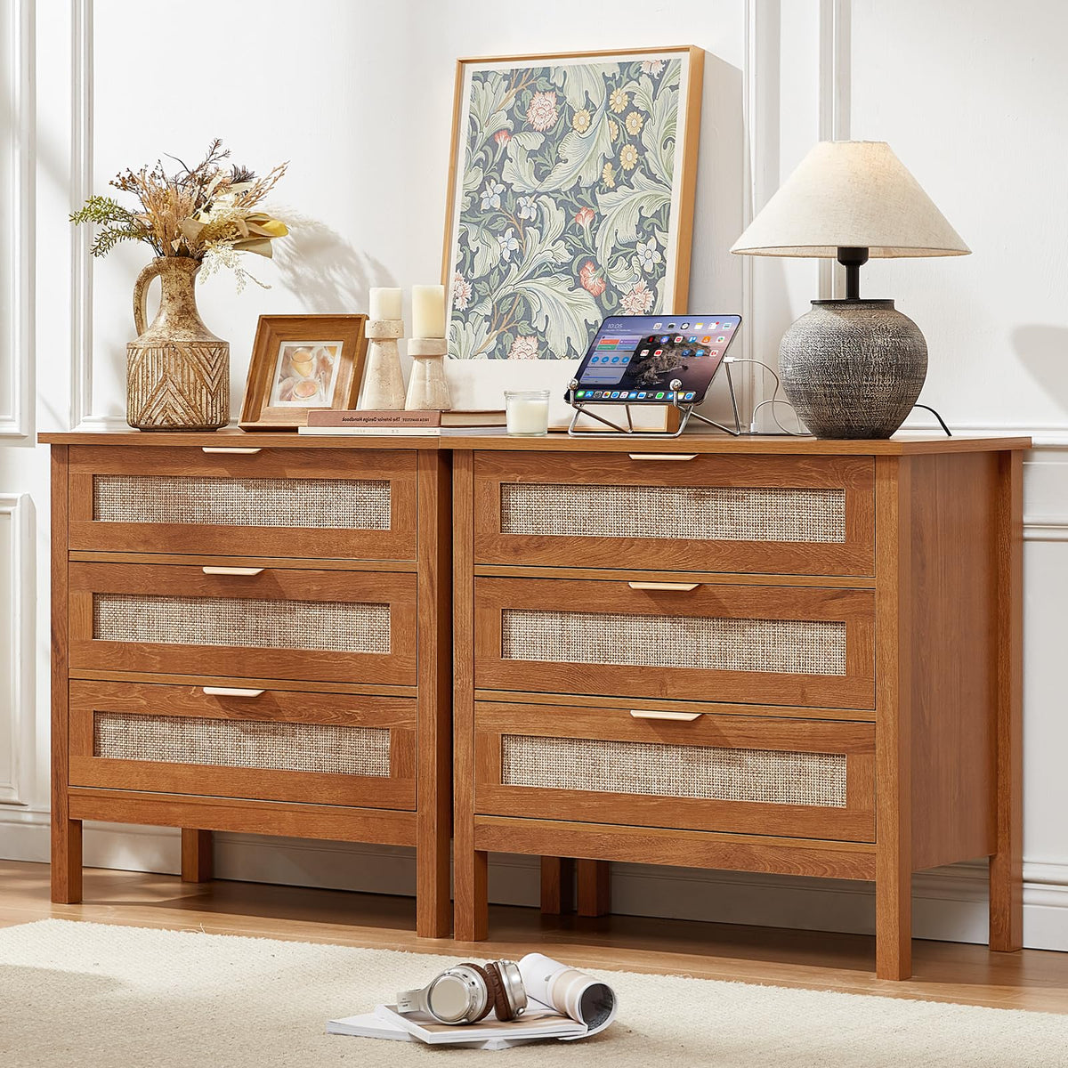 LEYAOYAO 26.8" Wide Rattan Nightstand, Large Boho 3 Drawer Night Stand