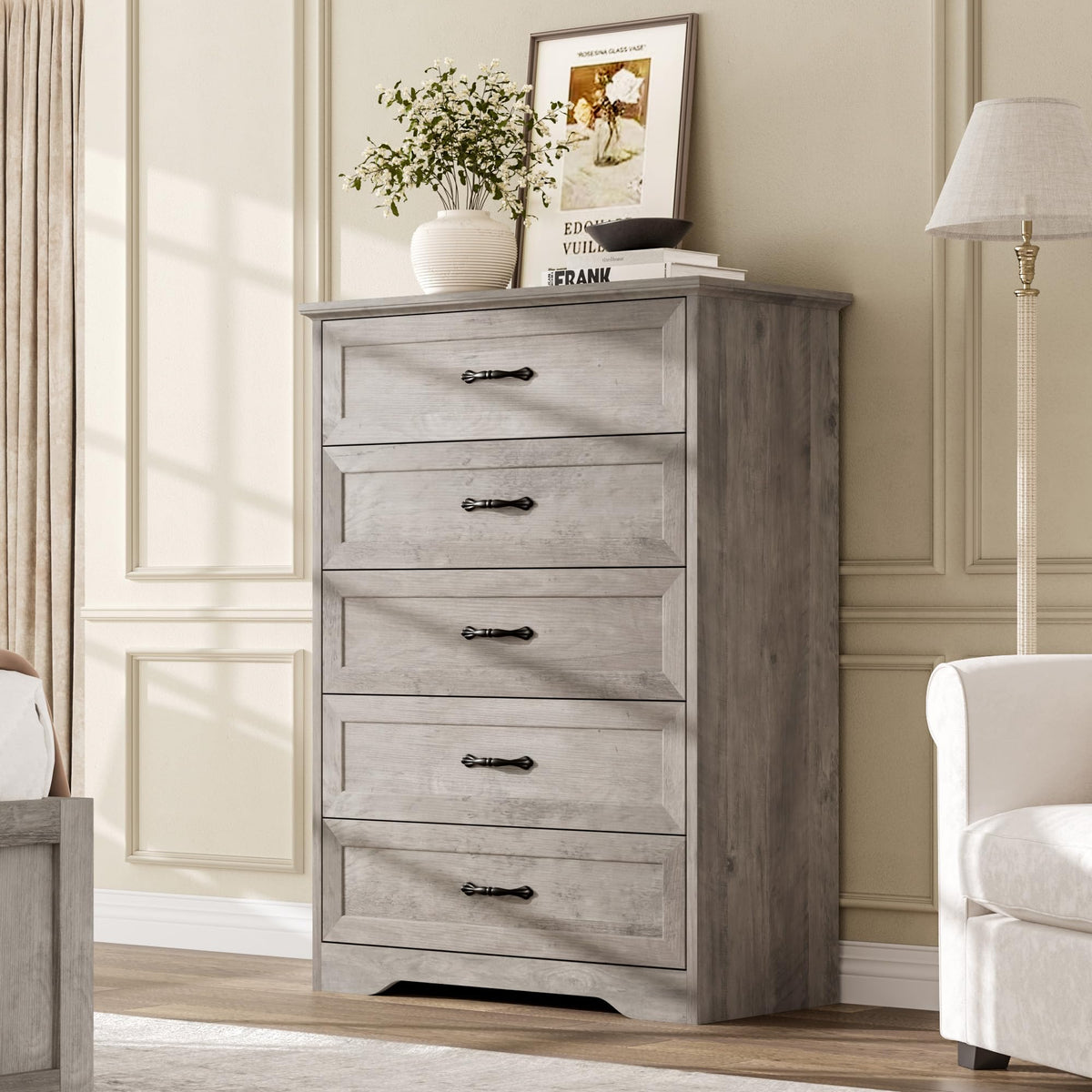 Garvee Farmhouse Wood 43.9" Tall 5 Drawer Dresser for Bedroom, Black