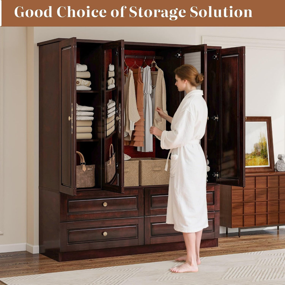 Solid Wood Armoire Wardrobe, Black Brown with Mirrors & Drawers