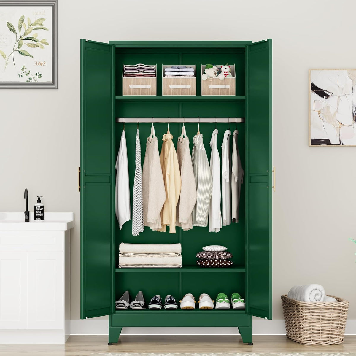 Ckzbx 71" H Metal Armoire Wardrobe Closet, Adjustable Shelve, Clothes Drying Pole, Steel Wardrobe Cabinet for Bedroom (Green)