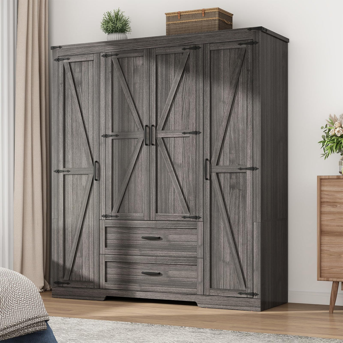 Hlivelood 4 Doors Wardrobe Armoire Closet with Doors and Drawers, Farmhouse Wooden Armoire Storage Cabinet with Shelves & Hanging Rod for Bedroom, Grey