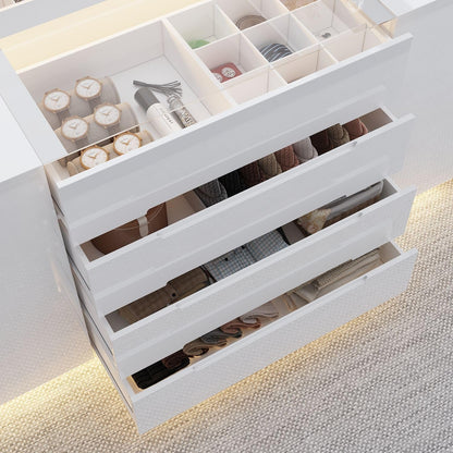 Armoire Bedroom Island Wardrobe Closet Island with 16 Drawers & Glass Tabletop, Island Dresser with Jewelry Organizer, Closet Island for Cloakroom White (63”W x 31.5”D x 31.5”H)