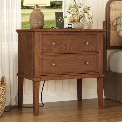 IKENO Solid Wood Nightstand with Charging Station, Farmhouse End Table with 2 Solid Wood Drawers, Farmhouse Style Side Table, Suitable for Bedroom, Teak