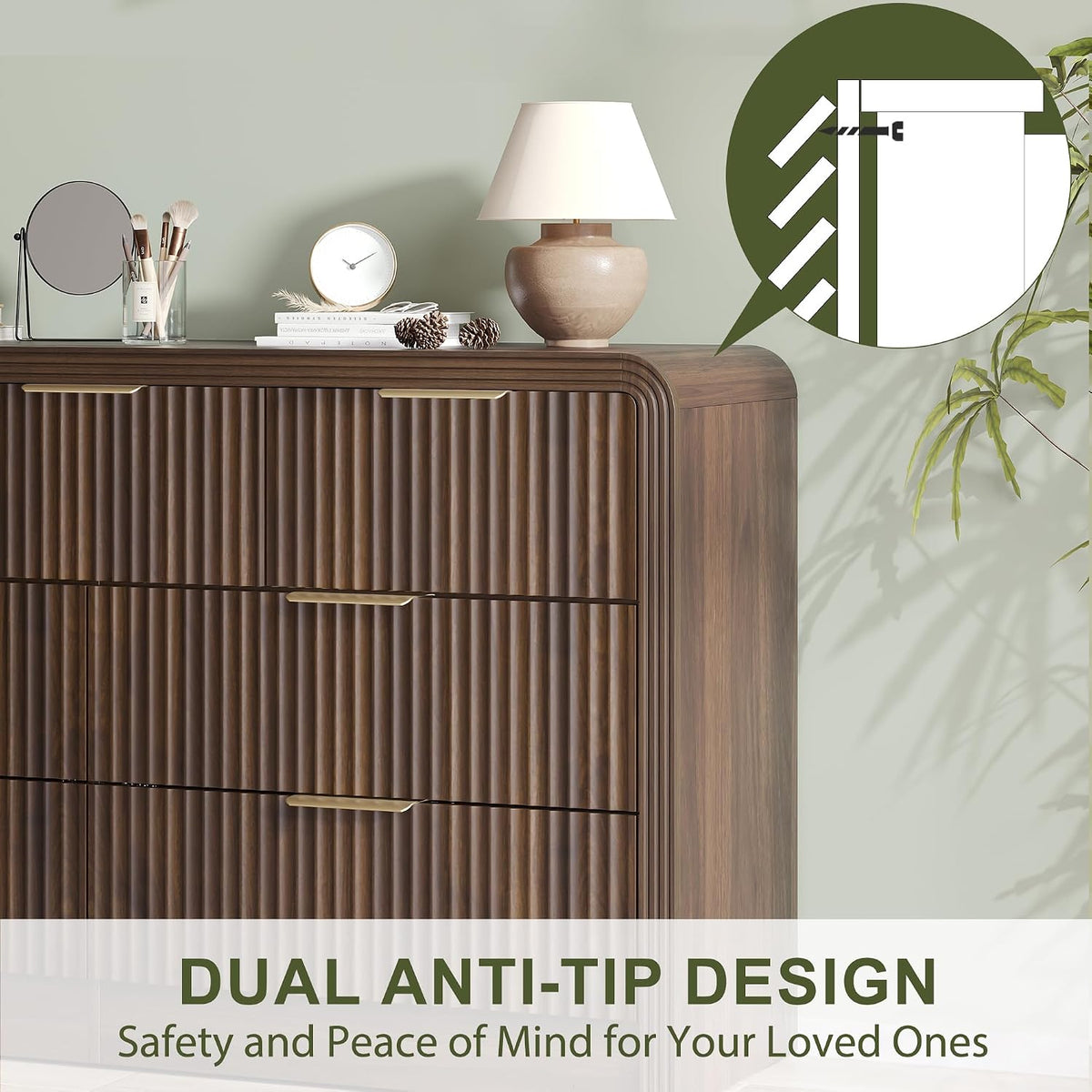 Decofy 55" W Fluted 7-Drawer Dresser for Bedroom, Walnut