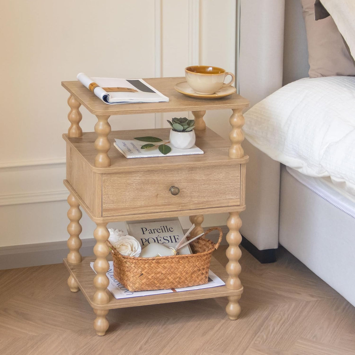 AWASEN Nightstand with Drawer, Walnut Bedside Table with Storage, End Table