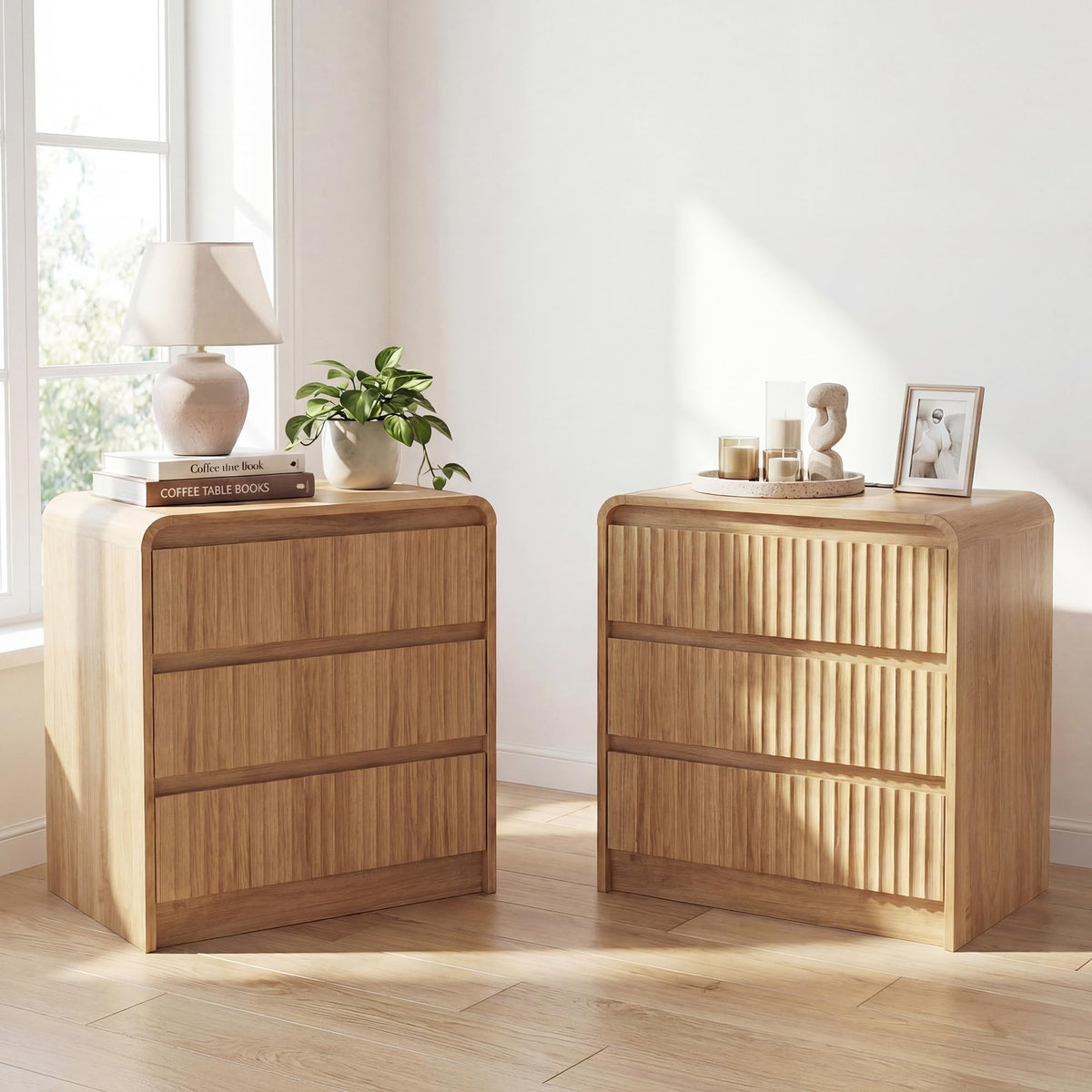 Seang Nightstand Set of 2,Fluted Nightstand with Charging Station,Wooden Bedside Table with Curved Profile Design,3 Drawers Storage,Large End Table for Bedroom,Walnut.