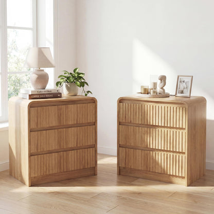 Seang Nightstand Set of 2,Fluted Nightstand with Charging Station,Wooden Bedside Table with Curved Profile Design,3 Drawers Storage,Large End Table for Bedroom,Walnut.