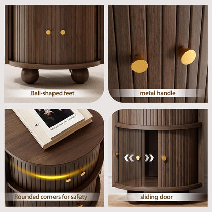 17.76''W Fluted Nightstand with 2 Sliding Doors, 2-Tier Storage, Walnut