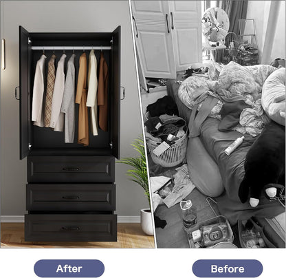 Black Wardrobe Closet with 9 Drawers and 6 Doors, 75" H x 95" W