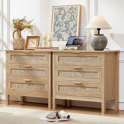 LEYAOYAO 26.8" Wide Rattan Nightstand, Large Boho 3 Drawer Night Stand