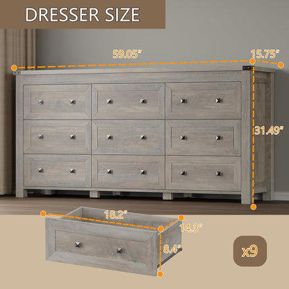 BORNOON 9-Drawer Dresser, Modern Wooden Storage Chest of Drawers, Dresser TV Stand, Wood Drawer Organizer with Metal Handles for Bedroom, Living Room, Hallway
