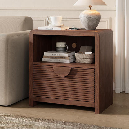 23" Wide Fluted Nightstands Set of 2 with Charging Station, Wood Bedside Tables with Drawer and Open Compartment, Mid Century End Tables for Bedroom, Home Office, Walnut