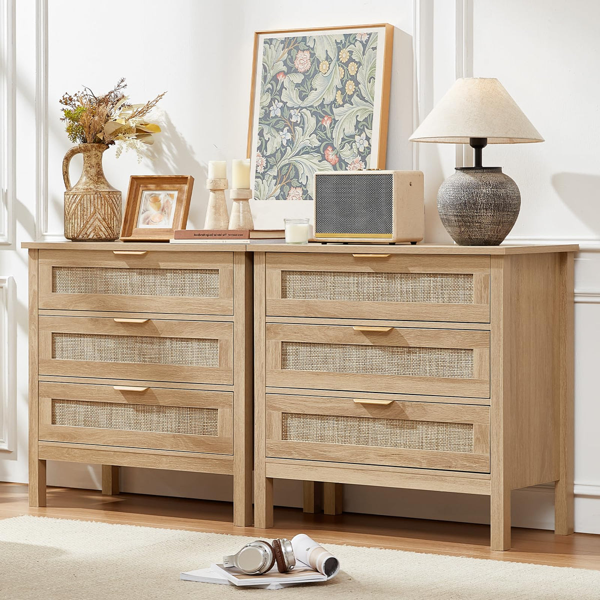 LEYAOYAO 26.8" Wide Rattan Nightstand, Large Boho 3 Drawer Night Stand