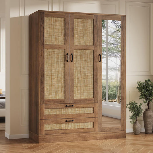 Rattan Armoire Wardrobe Closet with Full Length Mirror, 3 Doors Wardrobe Cabinet with 2 Drawers, Farmhouse Boho Armoire with Hanging Rod for Bedroom