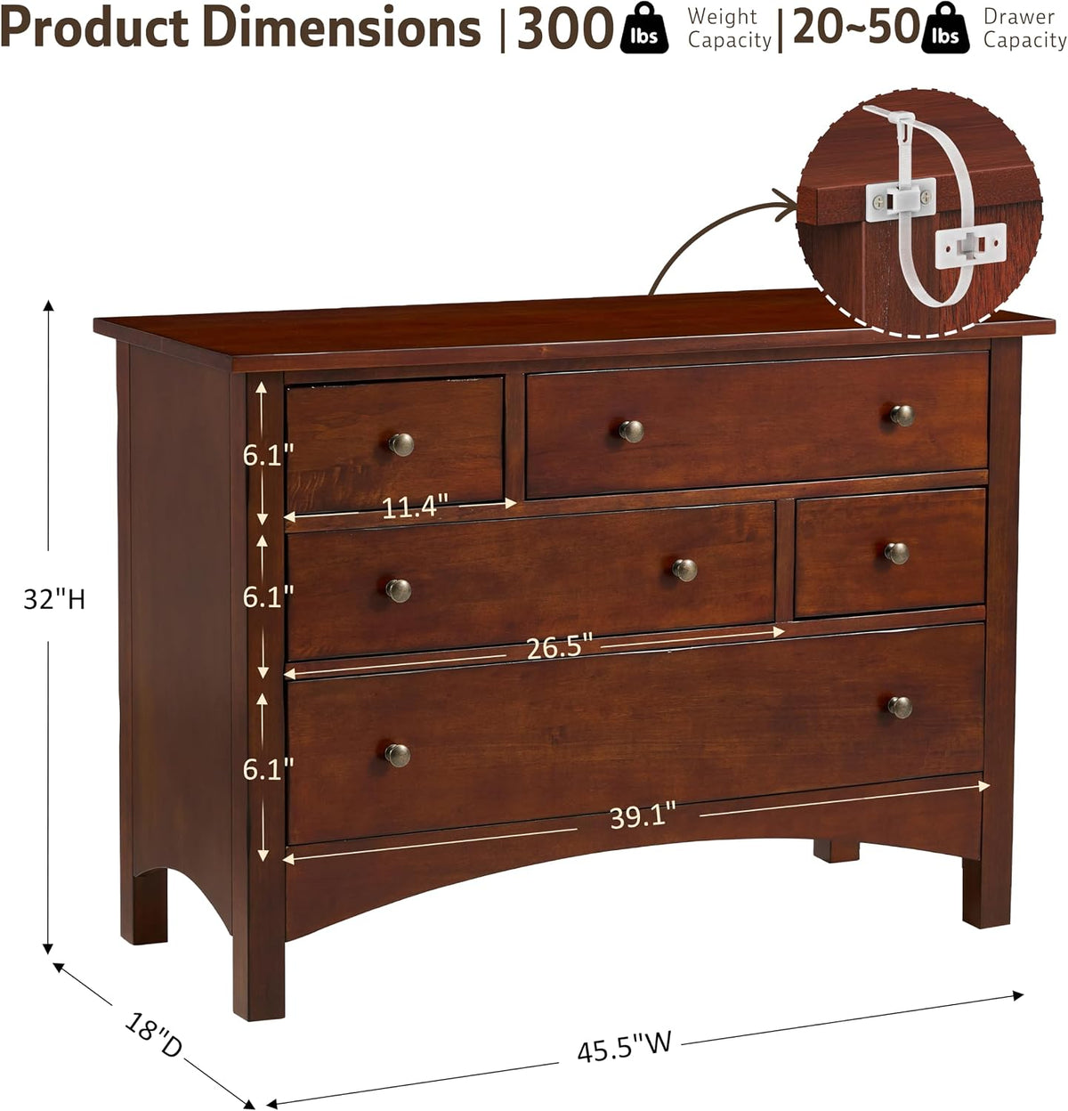 Jacob Solid Wood 5-Drawer Dresser for Bedroom, Living Room（Walnut）