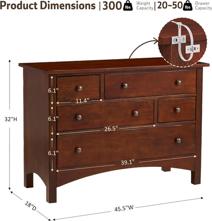 Jacob Solid Wood 5-Drawer Dresser for Bedroom, Living Room（Walnut）