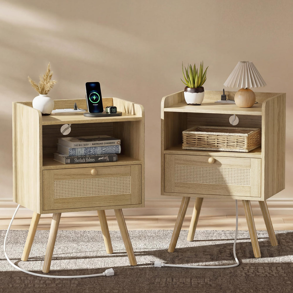 SUPERJARE Nightstands Set of 2, Night Stands with Charging Station